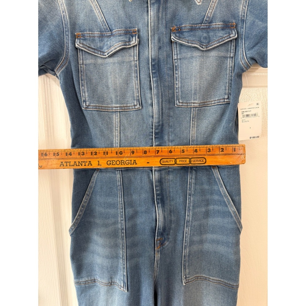 Good American Fit For Success Denim Jumpsuit Blue Short Sleeve Flare Size 3 NWT - Picture 7 of 11